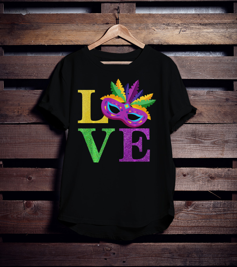 LOVE Mardi Gras Mask Feather Parade Party T-Shirt