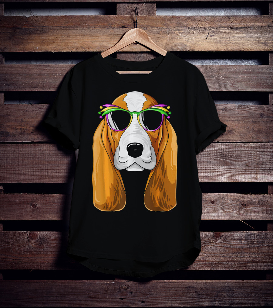 Basset Hound With Mardi Gras Carnival Mask And Sunglasses T-Shirt