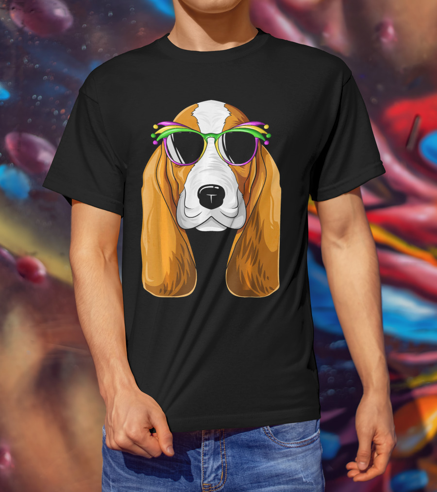 Basset Hound With Mardi Gras Carnival Mask And Sunglasses T-Shirt