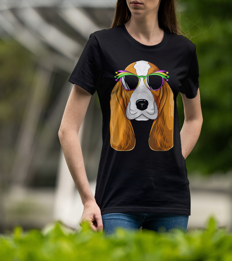 Basset Hound With Mardi Gras Carnival Mask And Sunglasses T-Shirt