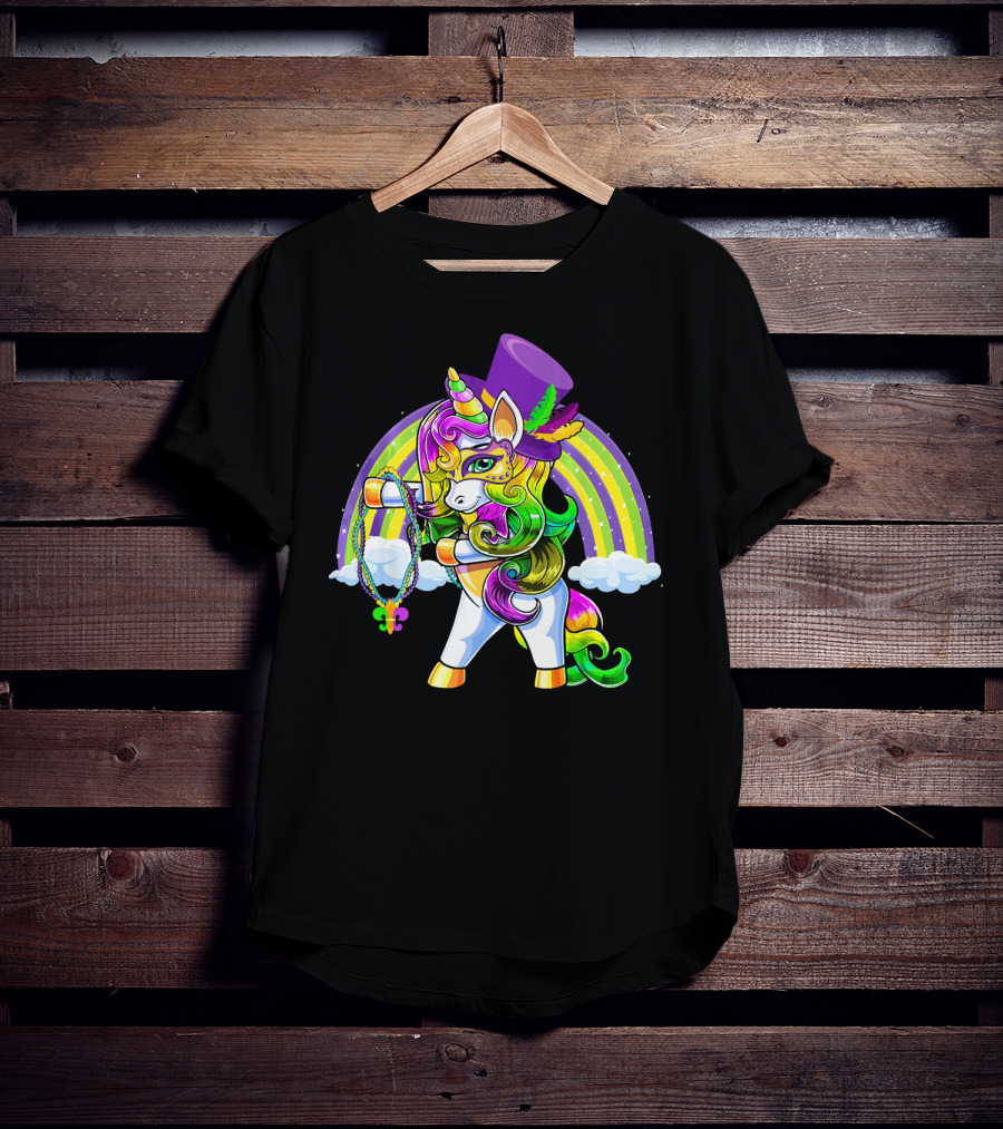 Flossing Unicorn In Top Hat With Rainbow And Mardi Gras Elements T-Shirt