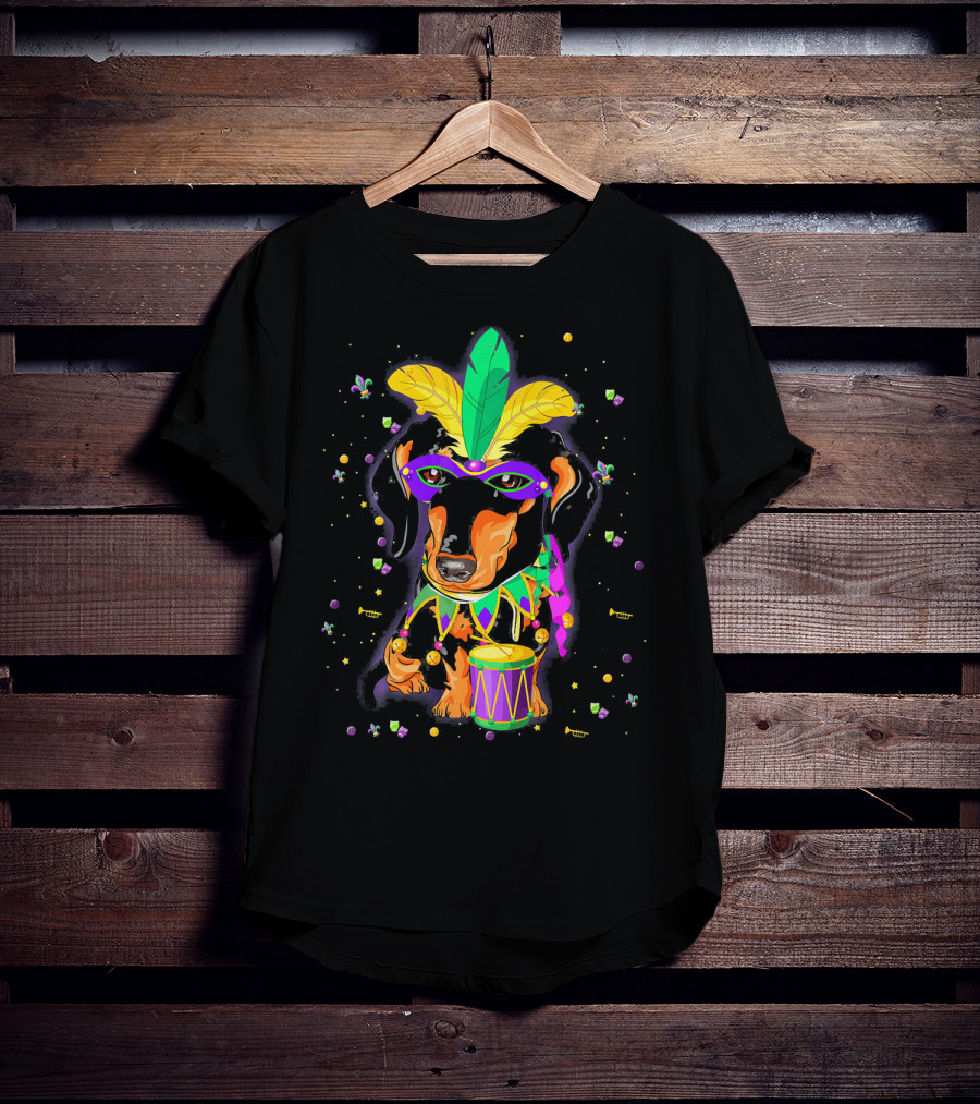 Cute Dachshund In Mardi Gras Mask With Drum And Feathers T-Shirt