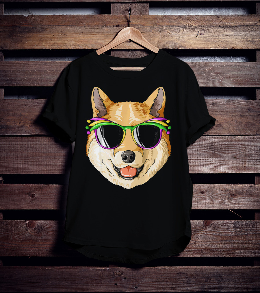 Shiba Inu In Mardi Gras Carnival Mask With Festive Sunglasses T-Shirt