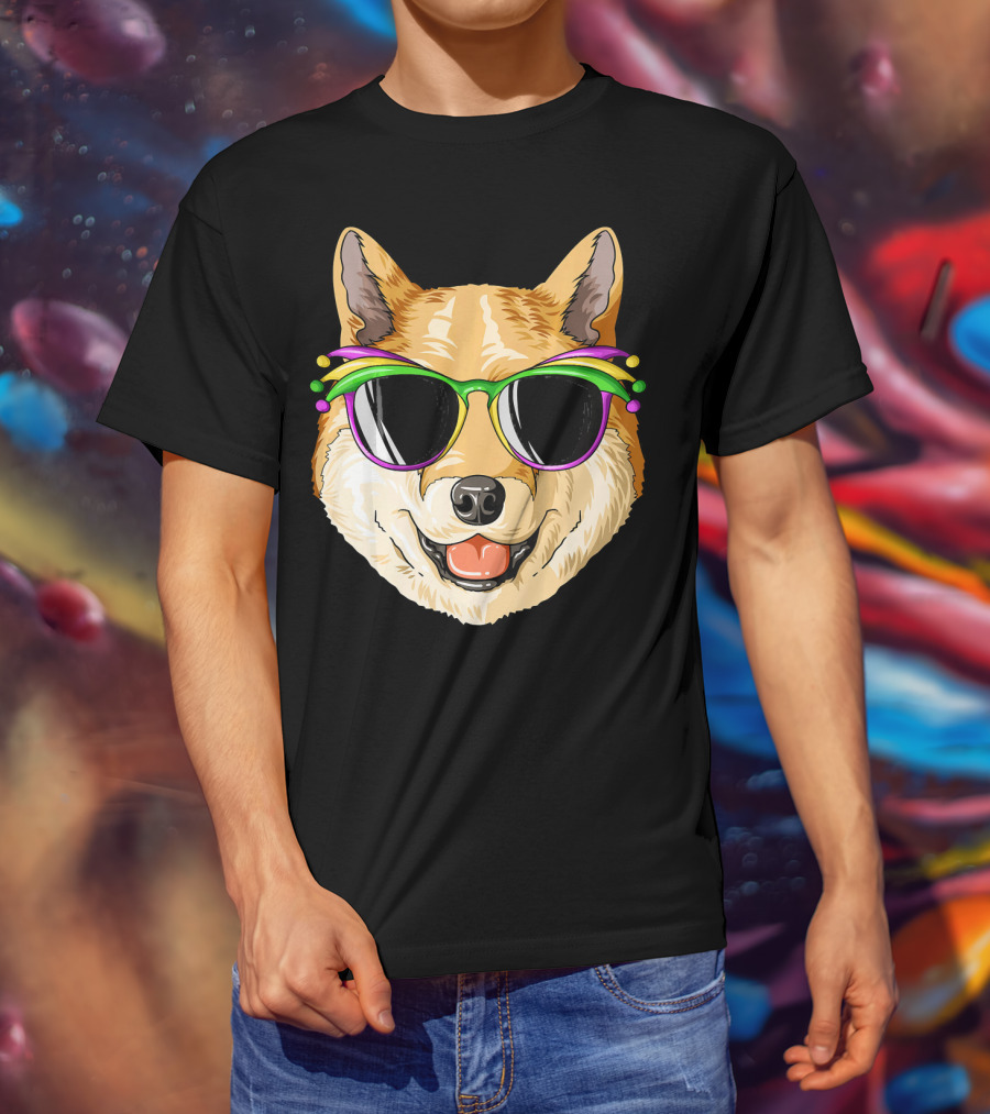 Shiba Inu In Mardi Gras Carnival Mask With Festive Sunglasses T-Shirt