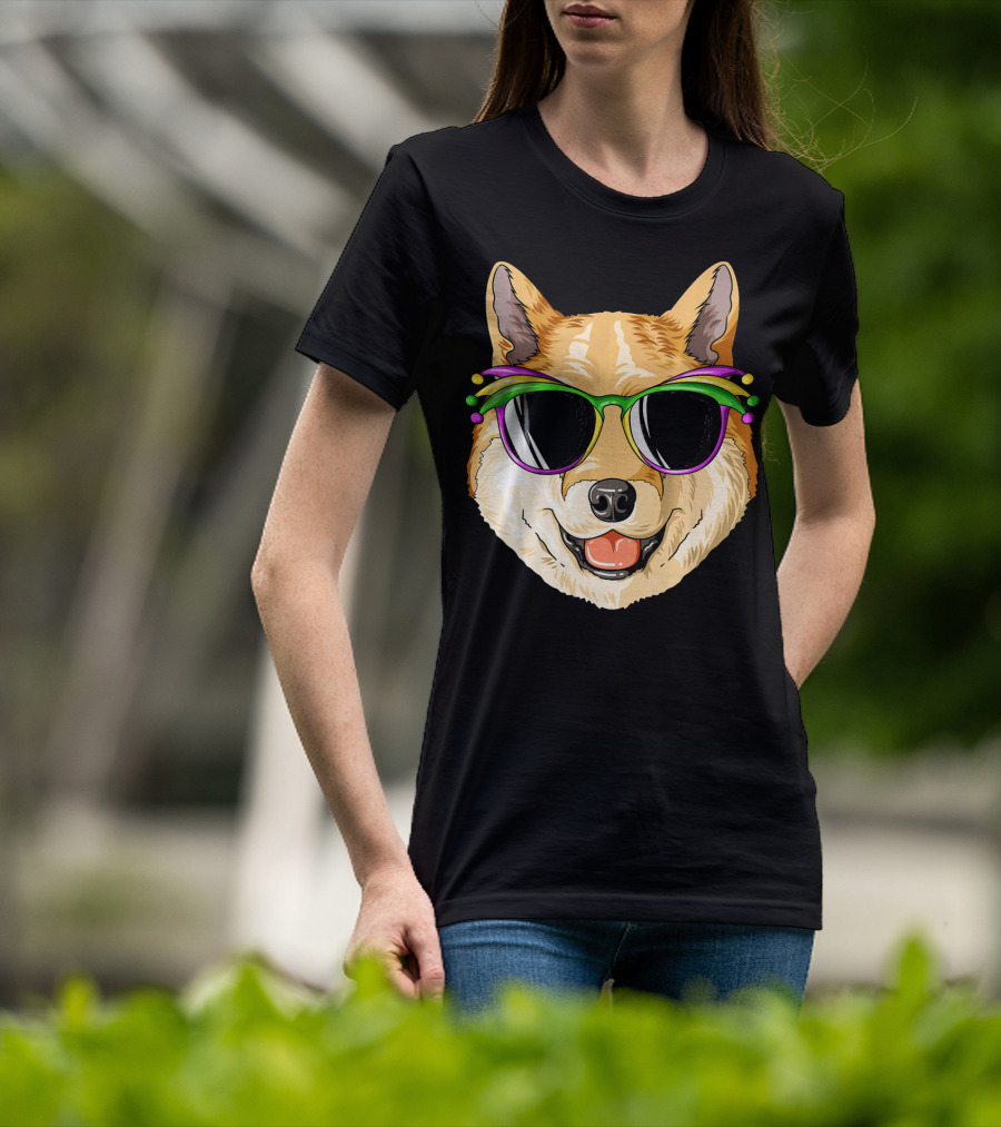 Shiba Inu In Mardi Gras Carnival Mask With Festive Sunglasses T-Shirt