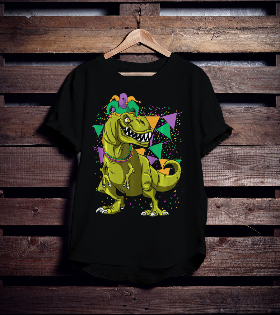Funny Fat Tuesday Mardi Gras T-Rex Jester With Beads And Confetti T-Shirt