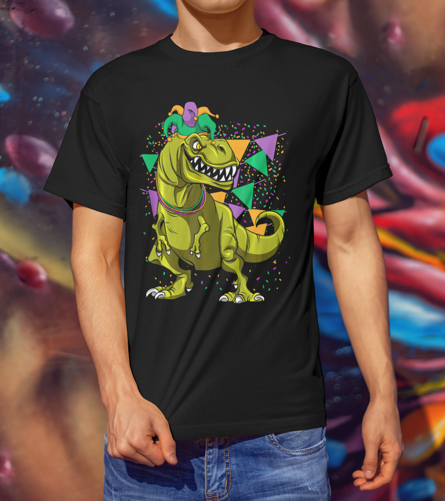 Funny Fat Tuesday Mardi Gras T-Rex Jester With Beads And Confetti T-Shirt