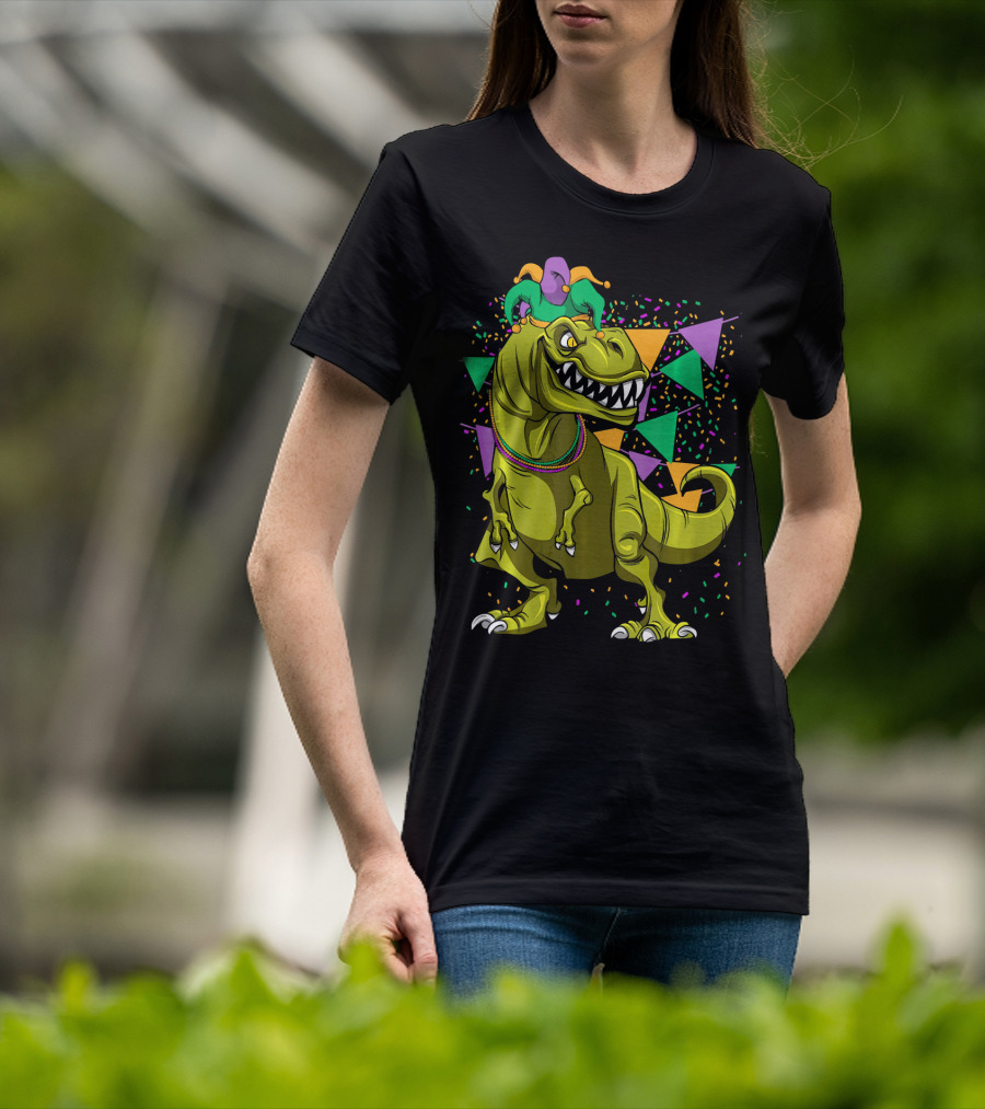 Funny Fat Tuesday Mardi Gras T-Rex Jester With Beads And Confetti T-Shirt