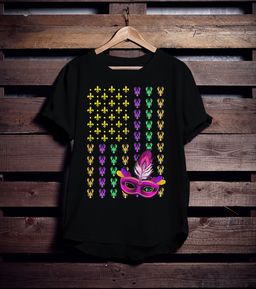 Crawfish Fleur-de-Lis Mardi Gras Mask American Flag T-Shirt