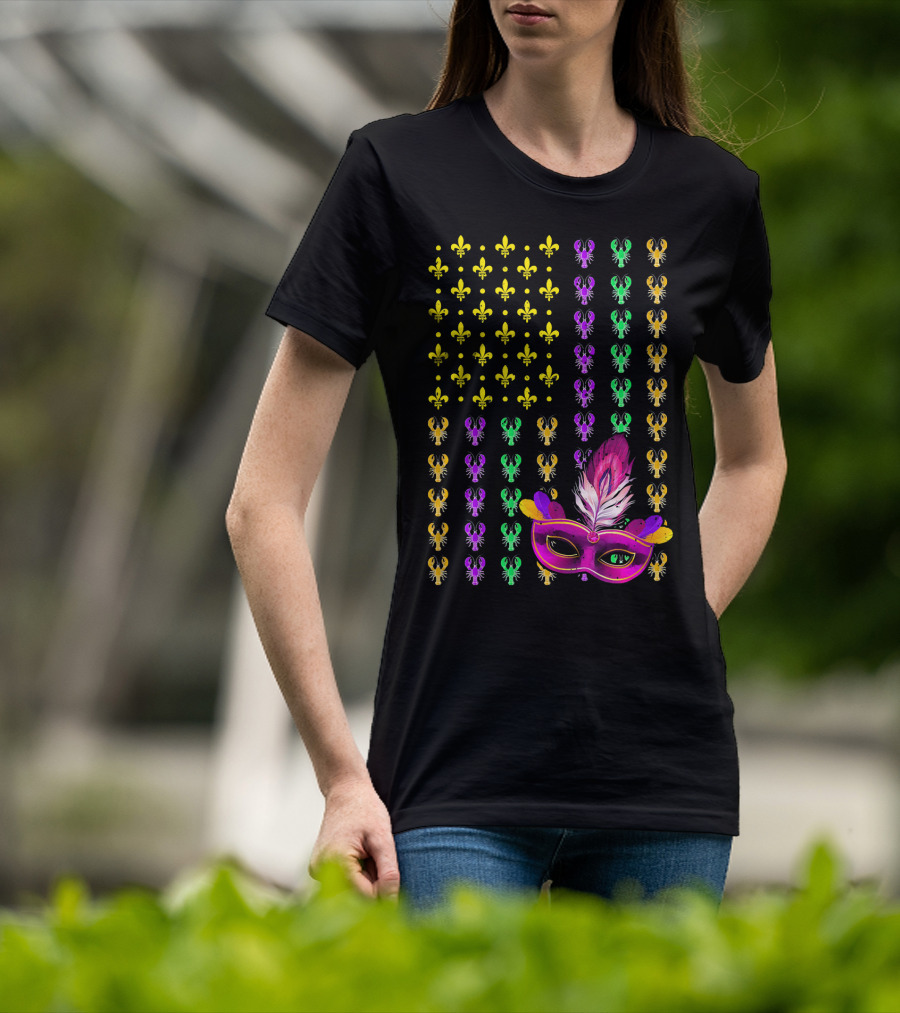 Crawfish Fleur-de-Lis Mardi Gras Mask American Flag T-Shirt
