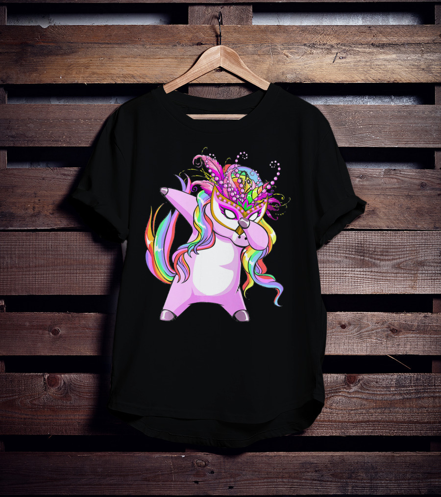 Dabbing Mardi Gras Masked Unicorn With Colorful Mane T-Shirt