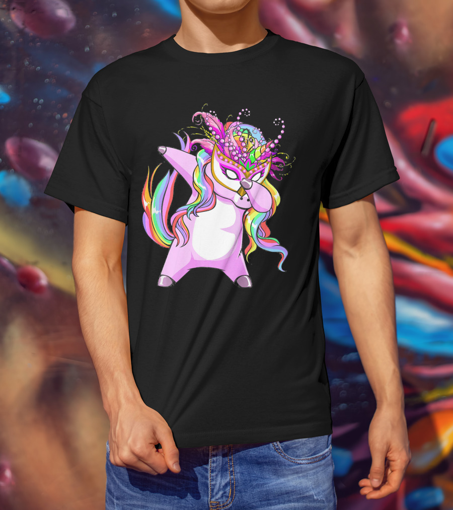 Dabbing Mardi Gras Masked Unicorn With Colorful Mane T-Shirt