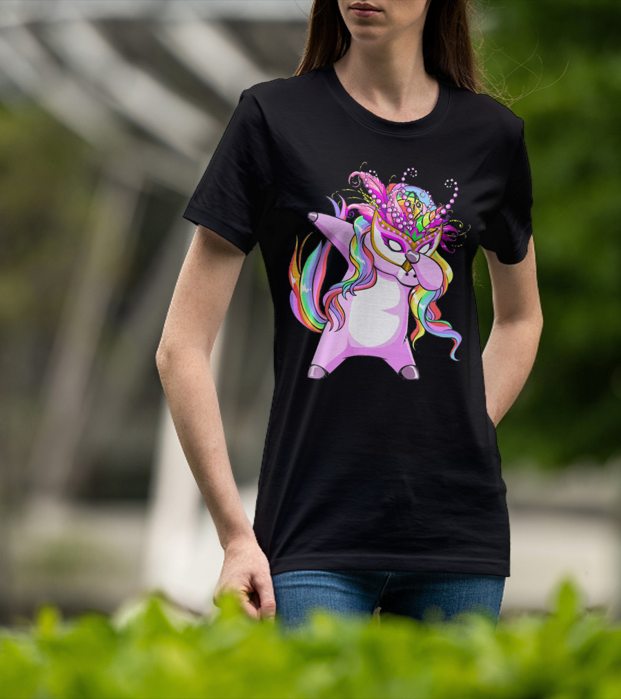 Dabbing Mardi Gras Masked Unicorn With Colorful Mane T-Shirt