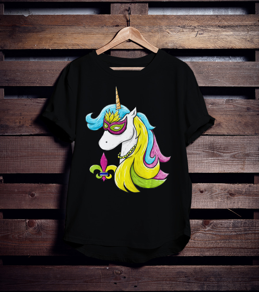 Mardi Gras Unicorn Mask With Fleur-de-Lis And Colorful Hair Fat Tuesday T-Shirt