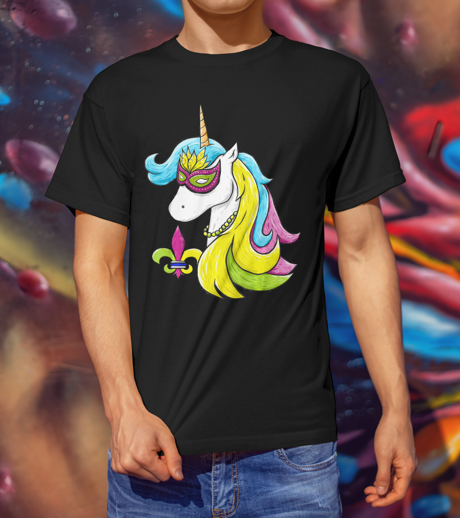 Mardi Gras Unicorn Mask With Fleur-de-Lis And Colorful Hair Fat Tuesday T-Shirt