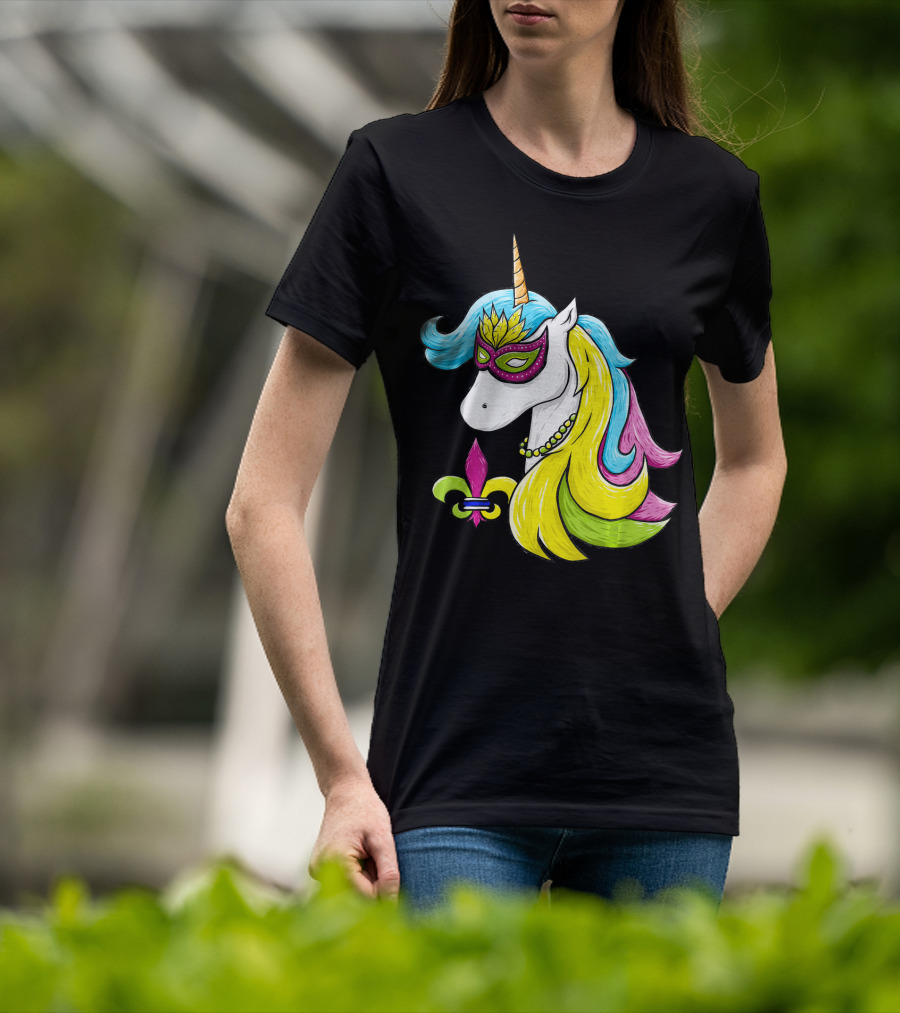 Mardi Gras Unicorn Mask With Fleur-de-Lis And Colorful Hair Fat Tuesday T-Shirt