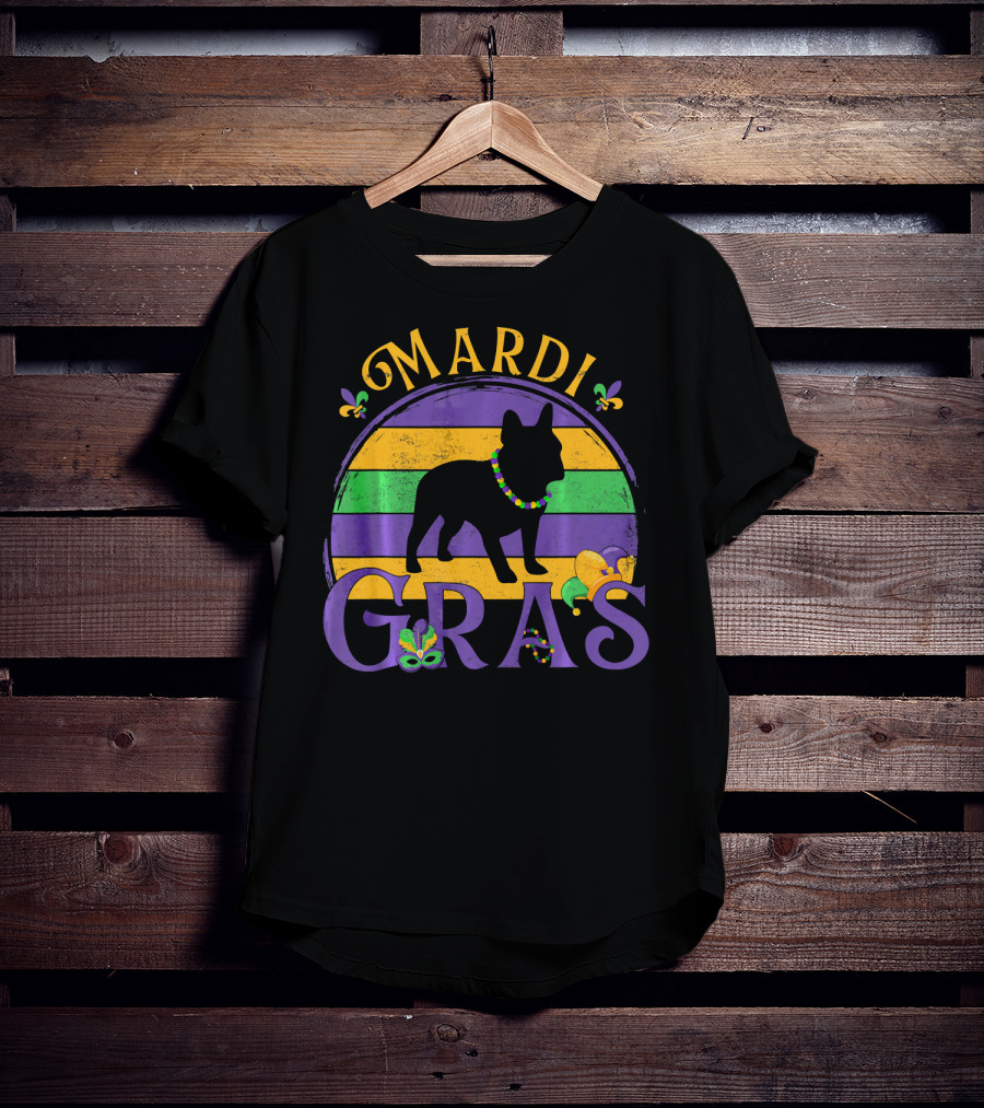 Mardi Gras French Bulldog Beads Festive Celebration Fleur-de-Lis T-Shirt