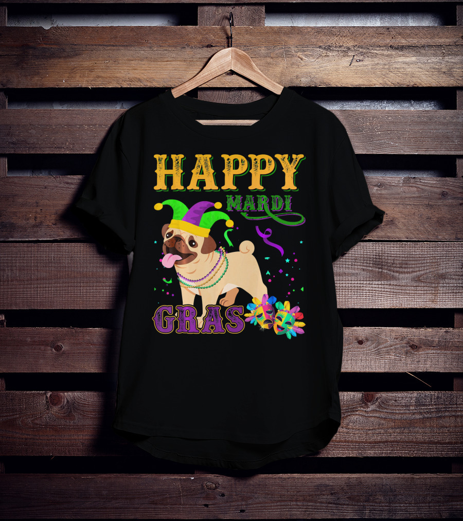 Happy Mardi Gras Pug Dog Costume Party T-Shirt