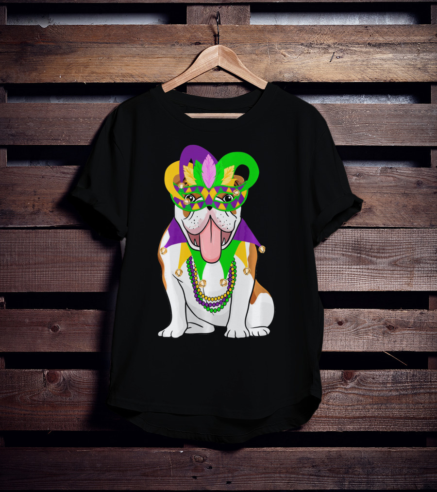 Mardi Gras English Bulldog Mask Beads Costume T-Shirt