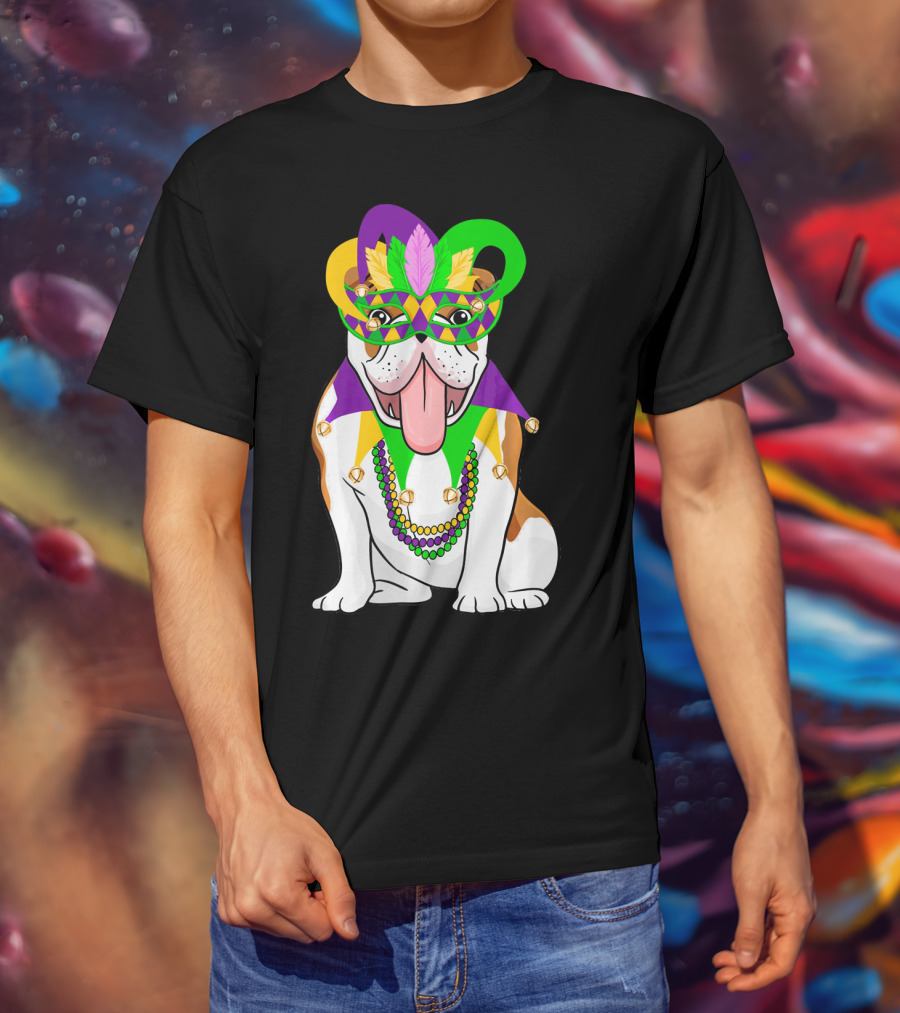 Mardi Gras English Bulldog Mask Beads Costume T-Shirt