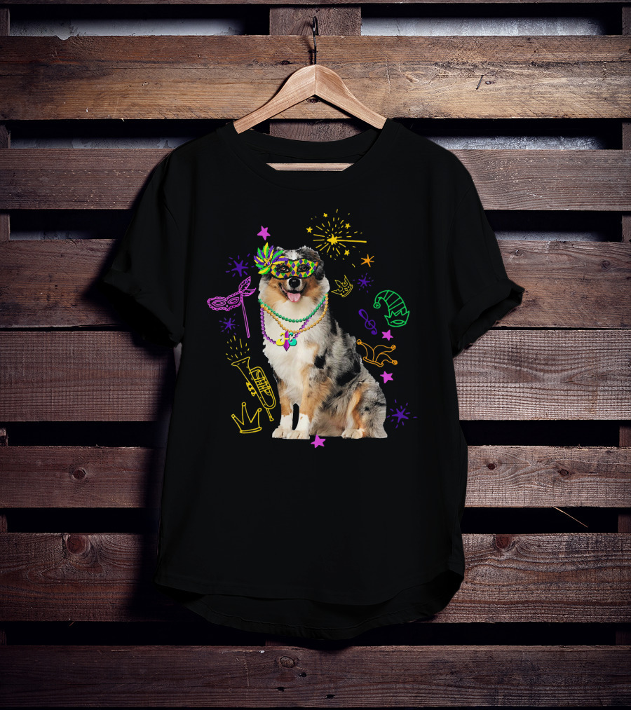Australian Shepherd Dog With Mardi Gras Beads And Mask T-Shirt