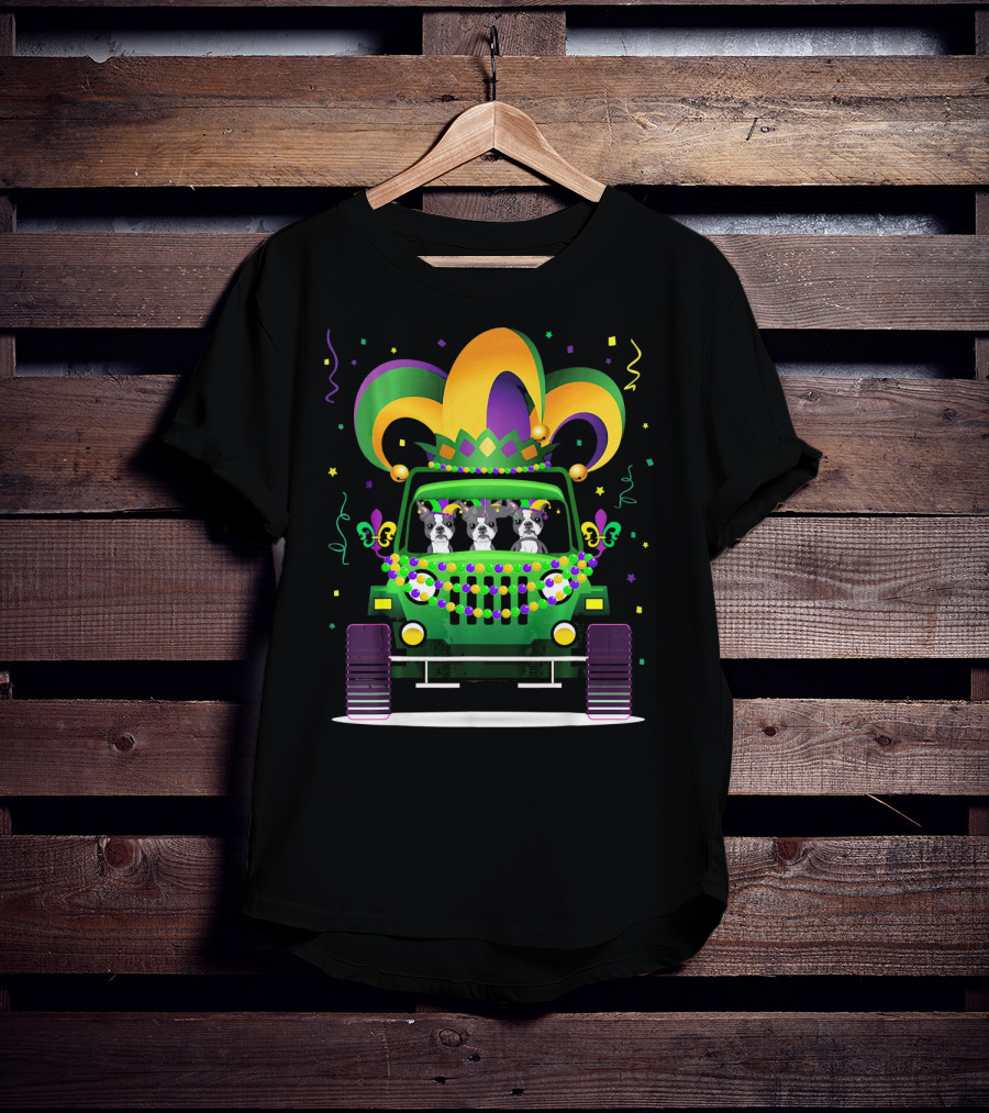 Boston Terrier Jeep Mardi Gras Festive T-Shirt