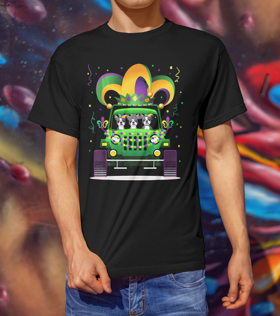 Boston Terrier Jeep Mardi Gras Festive T-Shirt