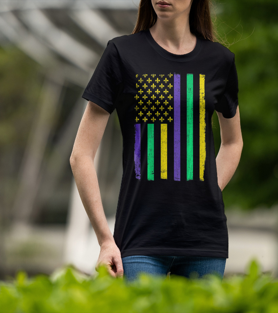American Flag Mardi Gras Fleur De Lis Stripes T-Shirt
