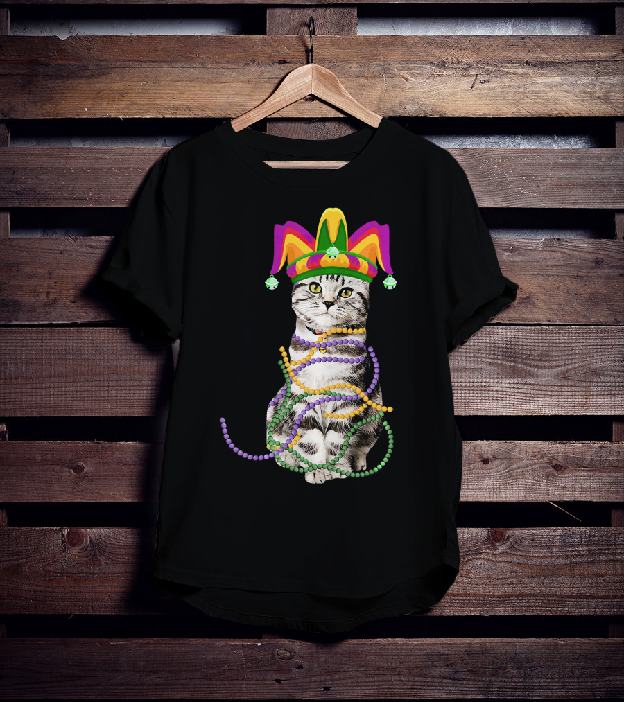 Mardi Gras Cat With Jester Hat And Beads Costume Kitte T-Shirt