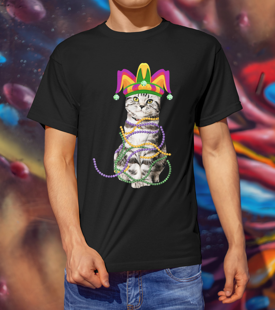 Mardi Gras Cat With Jester Hat And Beads Costume Kitte T-Shirt