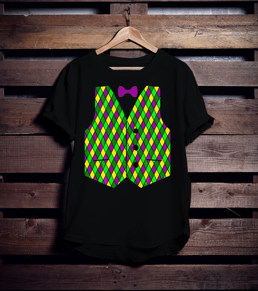 Mardi Gras Vest Harlequin Pattern Diamond Print Bowtie T-Shirt