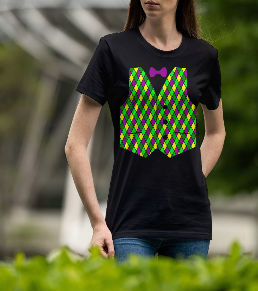 Mardi Gras Vest Harlequin Pattern Diamond Print Bowtie T-Shirt