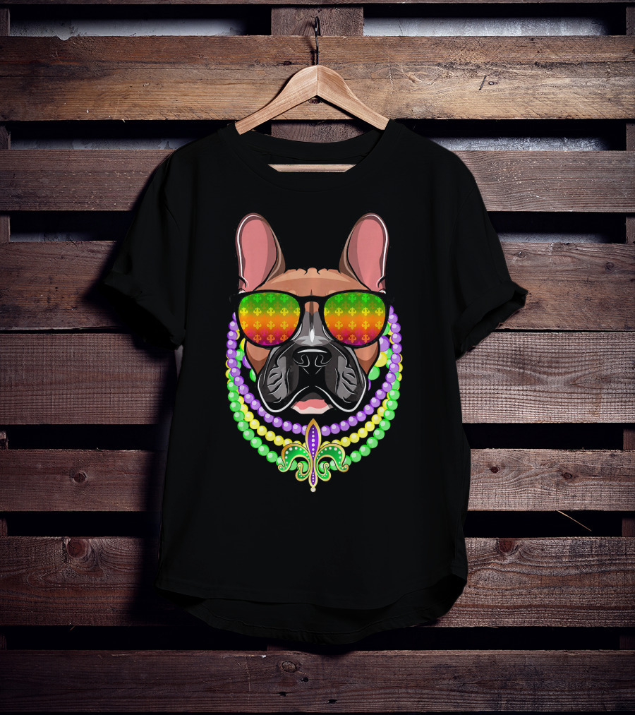 French Bulldog With Beads And Fleur-de-Lis Sunglasses For Mardi Gras T-Shirt