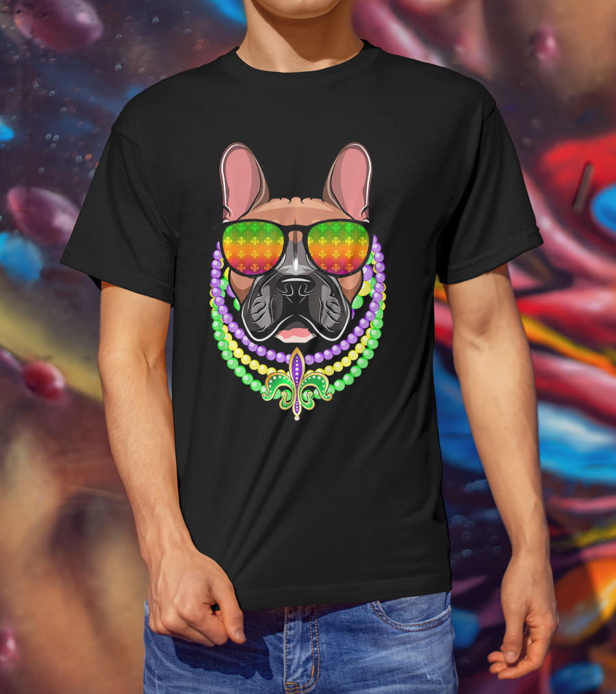 French Bulldog With Beads And Fleur-de-Lis Sunglasses For Mardi Gras T-Shirt