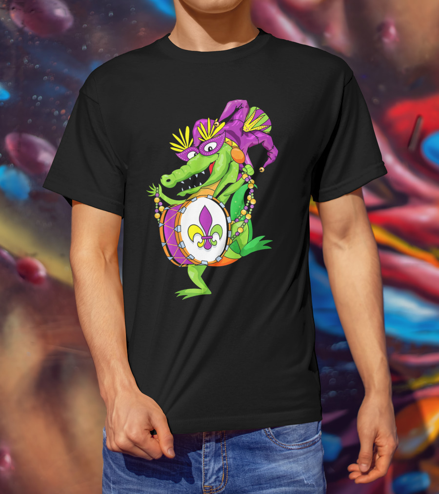 Cute Mardi Gras Alligator Jester Hat Drum Beads Fleur-de-Lis T-Shirt