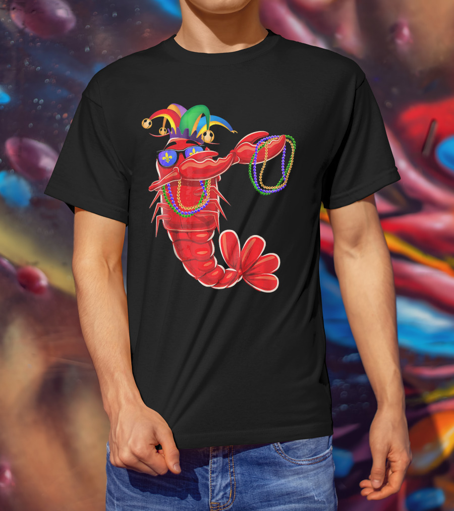 Mardi Gras Lobster Dabbing With Colorful Beads And Jester Hat T-Shirt