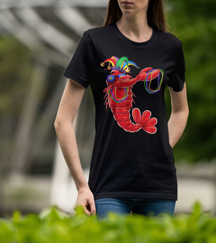 Mardi Gras Lobster Dabbing With Colorful Beads And Jester Hat T-Shirt