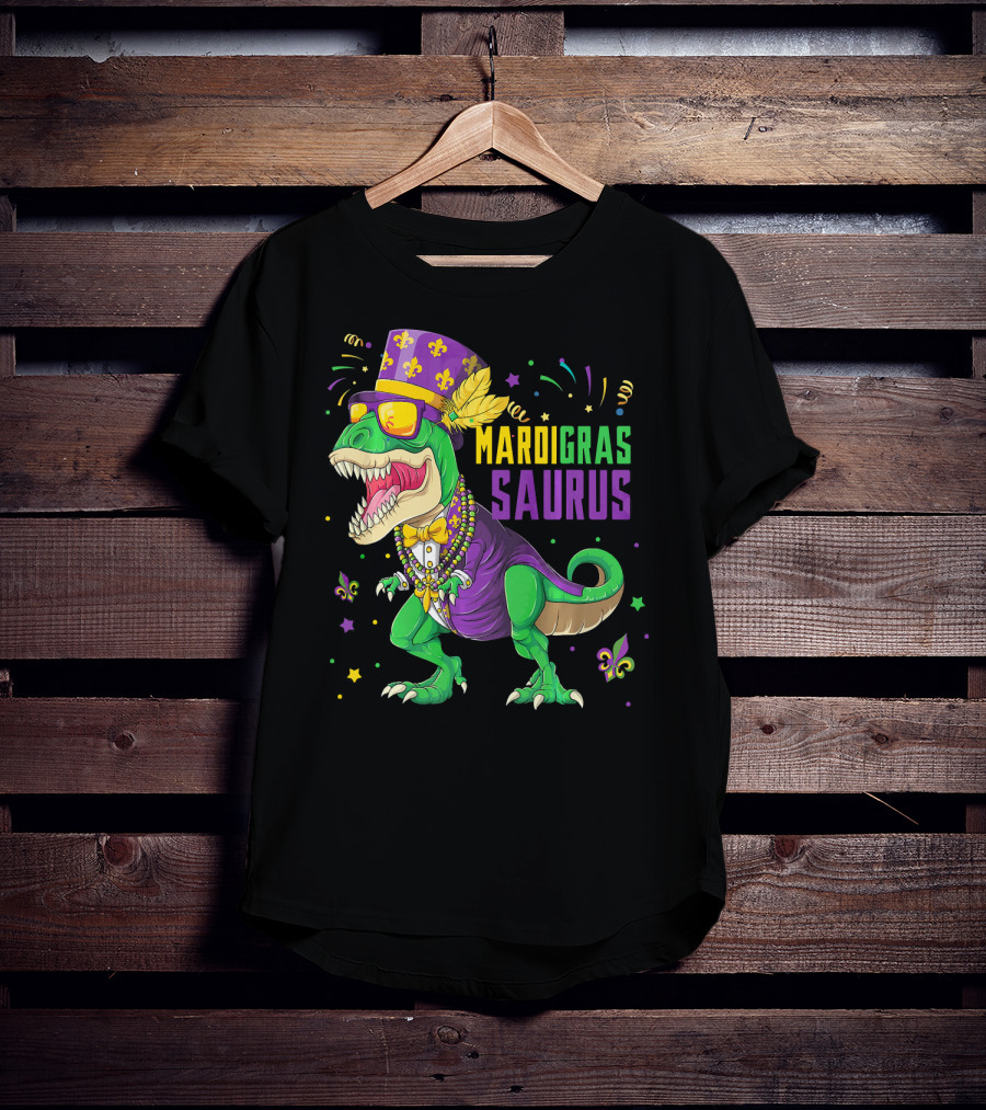 Mardi Gras Saurus T Rex Dinosaur Jester Kids T-Shirt