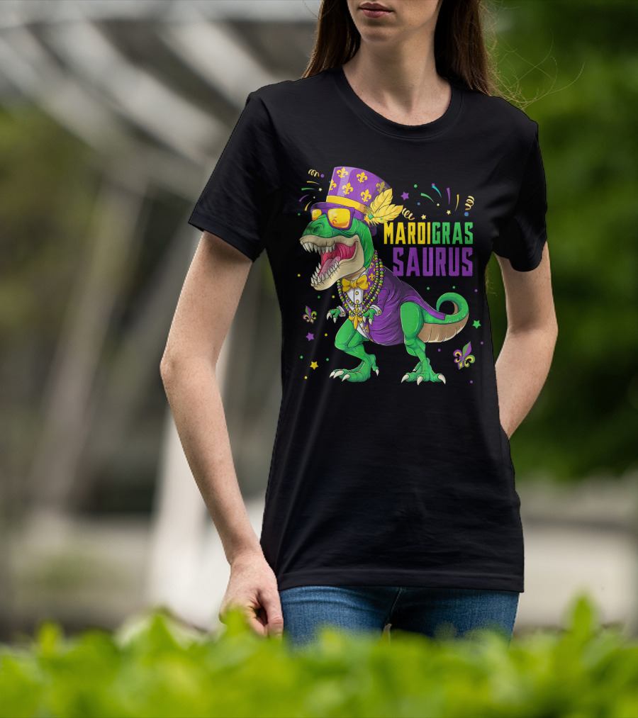Mardi Gras Saurus T Rex Dinosaur Jester Kids T-Shirt
