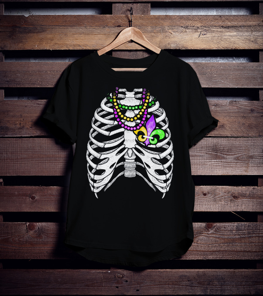 Mardi Gras Beads Skeleton Fleur De Lis Ribcage Heart T-Shirt