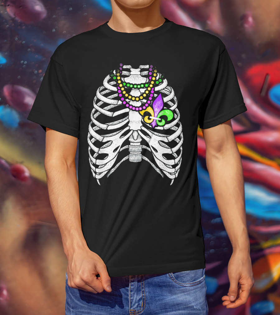 Mardi Gras Beads Skeleton Fleur De Lis Ribcage Heart T-Shirt