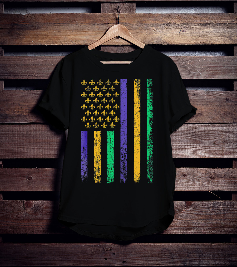 Vintage USA Flag Mardi Gras Fleur De Lis Stripes T-Shirt