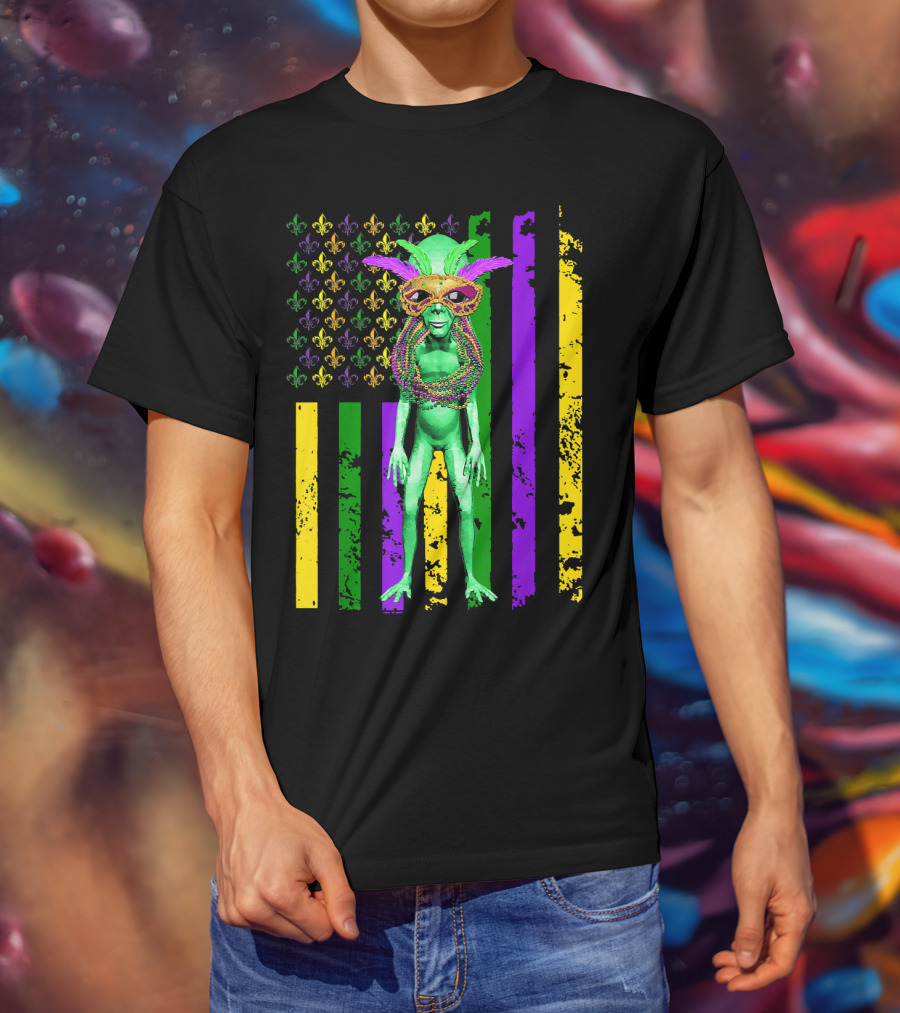 Mardi Gras Alien With Beads And Mask On American Flag T-Shirt