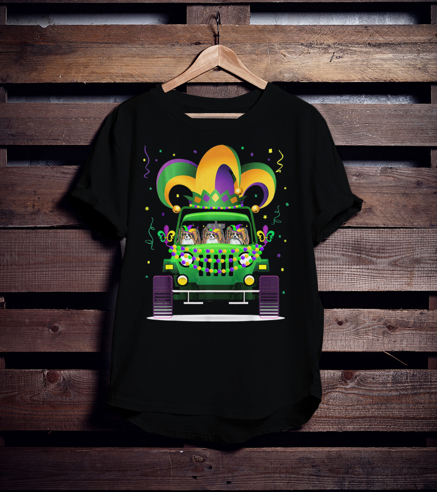 Papillon Dogs In Festive Mardi Gras Jeep Parade T-Shirt