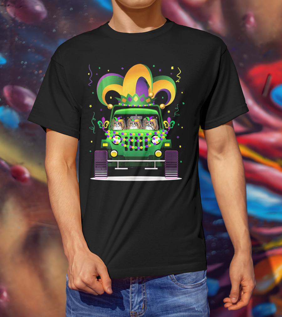Papillon Dogs In Festive Mardi Gras Jeep Parade T-Shirt