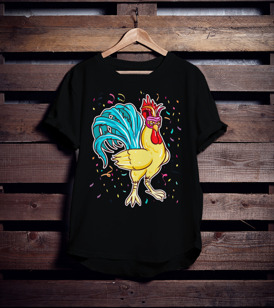 Chicken Mardi Gras Carnival Rooster With Colorful Feathers And Confetti T-Shirt