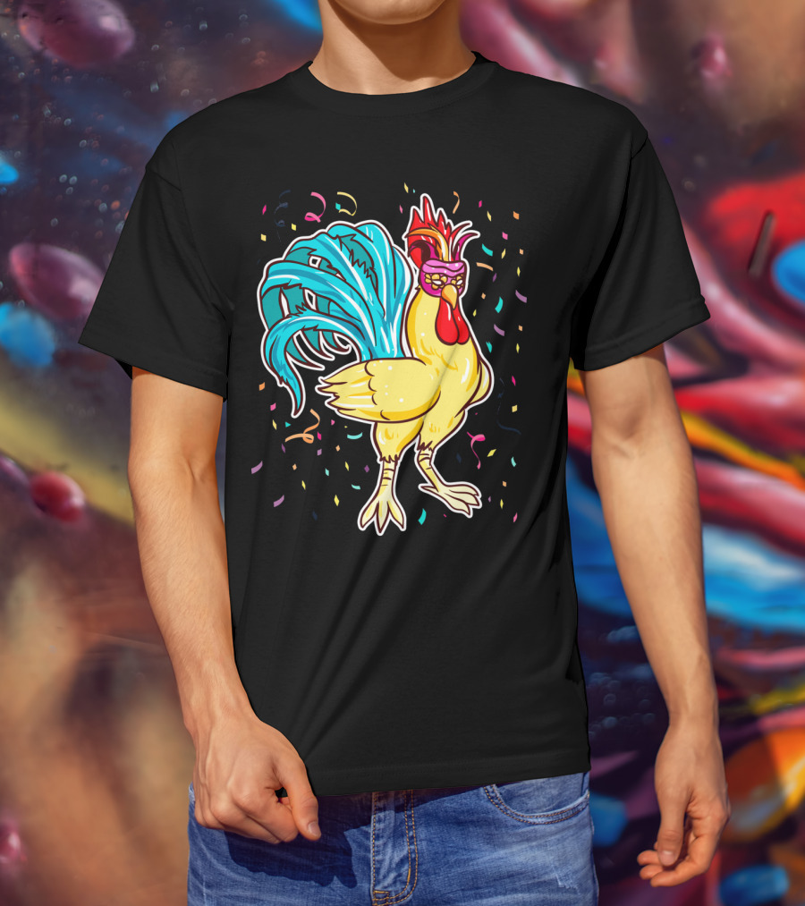 Chicken Mardi Gras Carnival Rooster With Colorful Feathers And Confetti T-Shirt