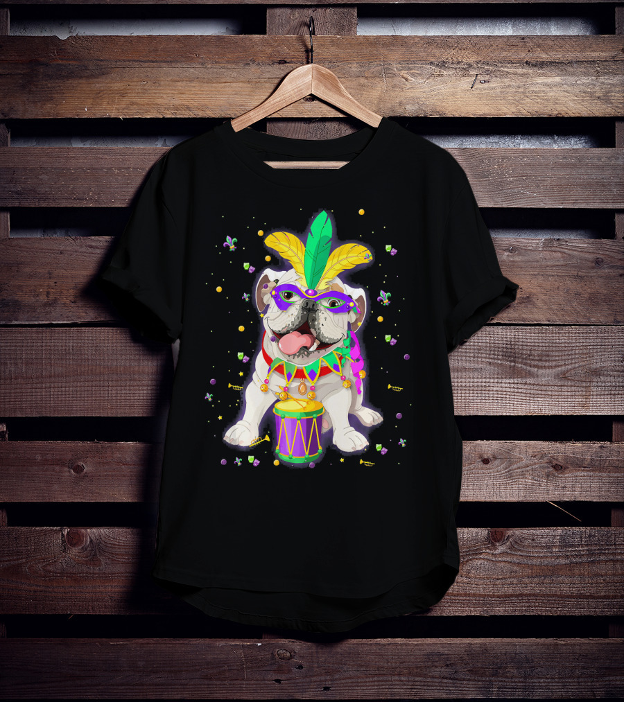 Mardi Gras Bulldog With Mask Beads And Drum T-Shirt