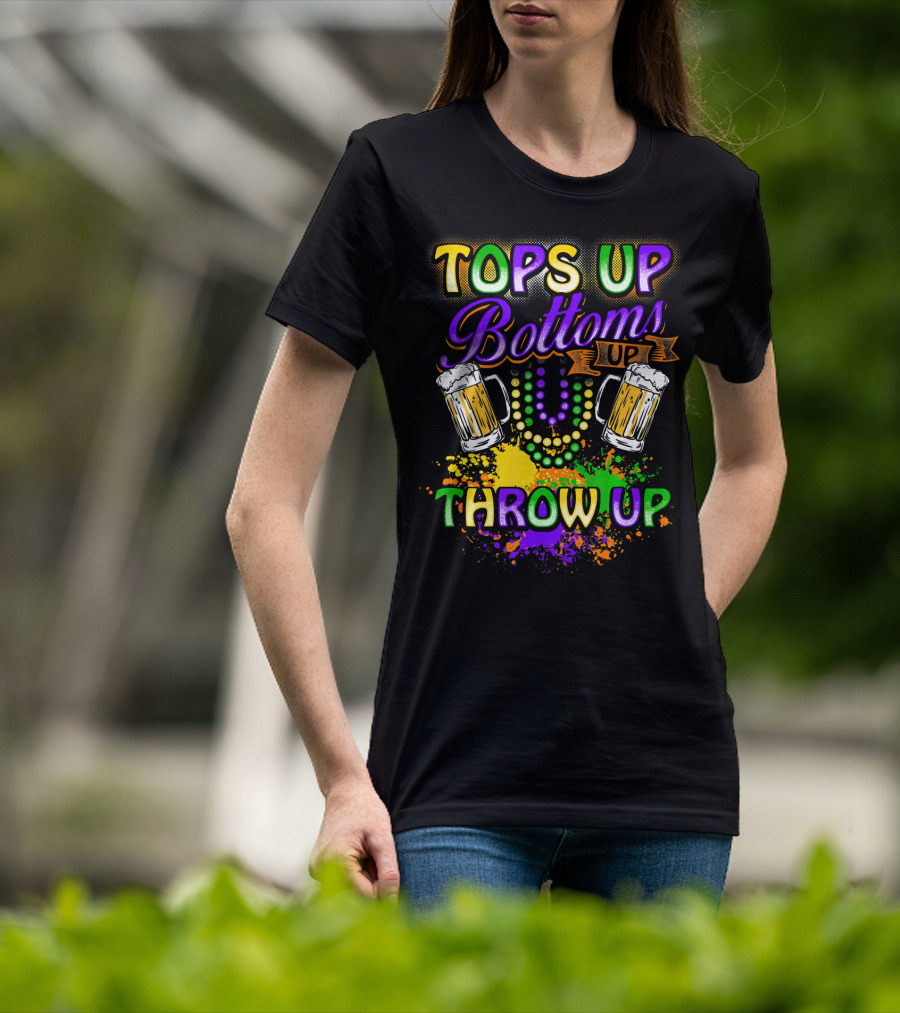 Mardi Gras Tops Up Bottoms Up Throw Up Beer Mugs Colorful Splatter T-Shirt