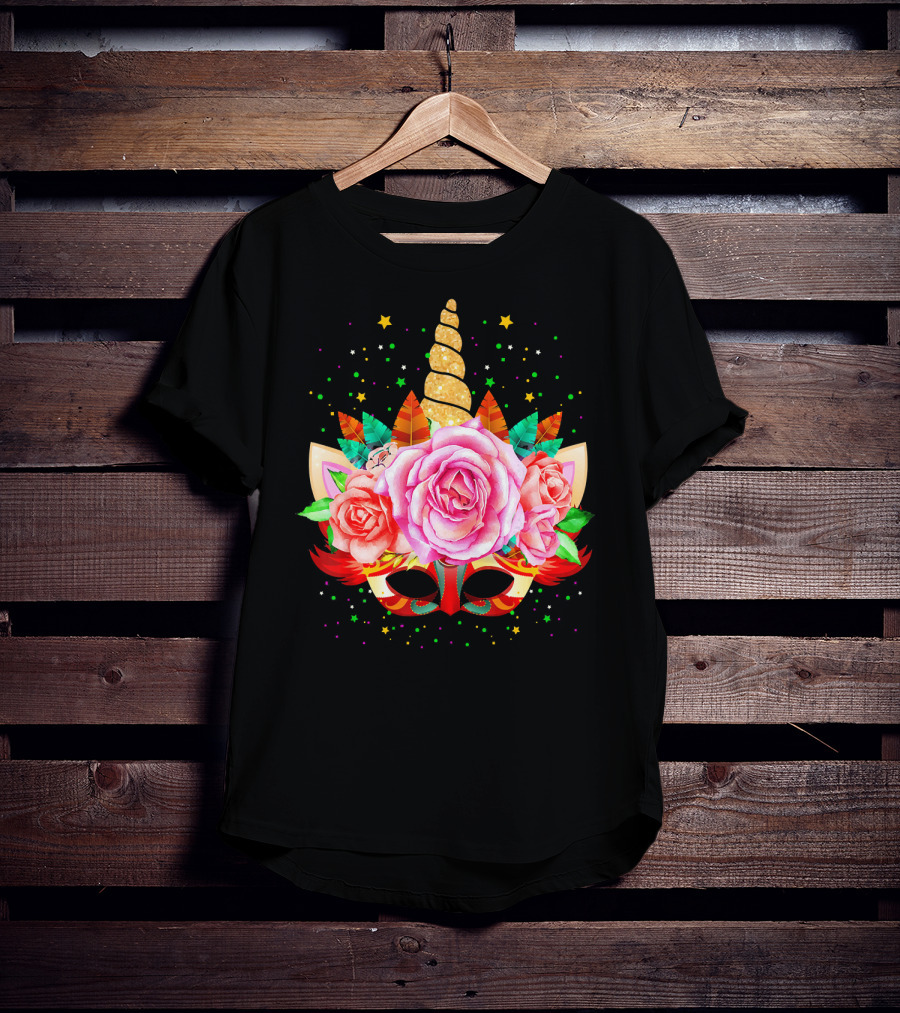 Mardi Gras Unicorn Mask With Roses And Feathers T-Shirt